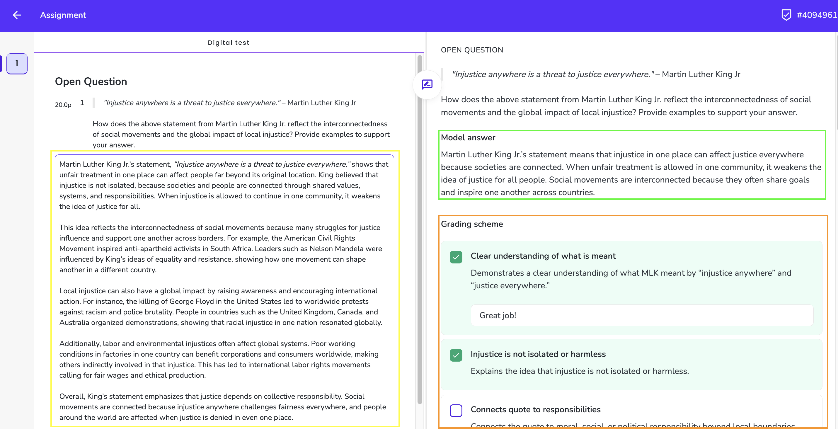 Given answers + Evaluation criteria + Model answers grading screen