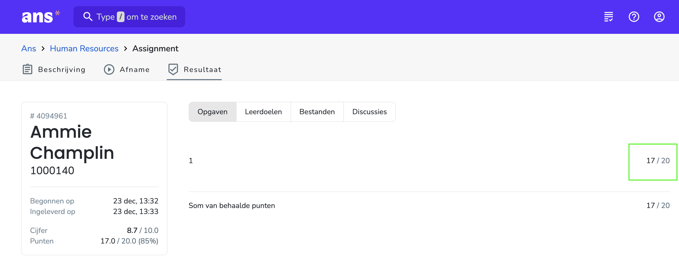 Punten behaald per vraag
