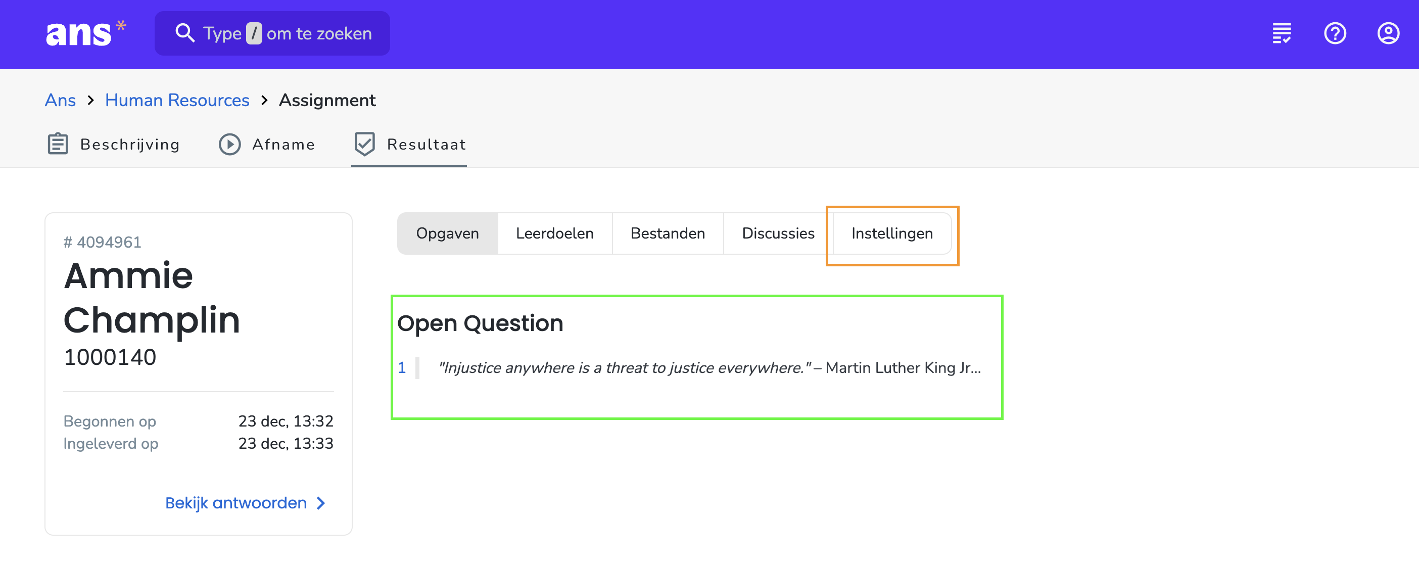Vraagstelling + Gegeven antwoorden + Afdrukweergave van gepubliceerde content