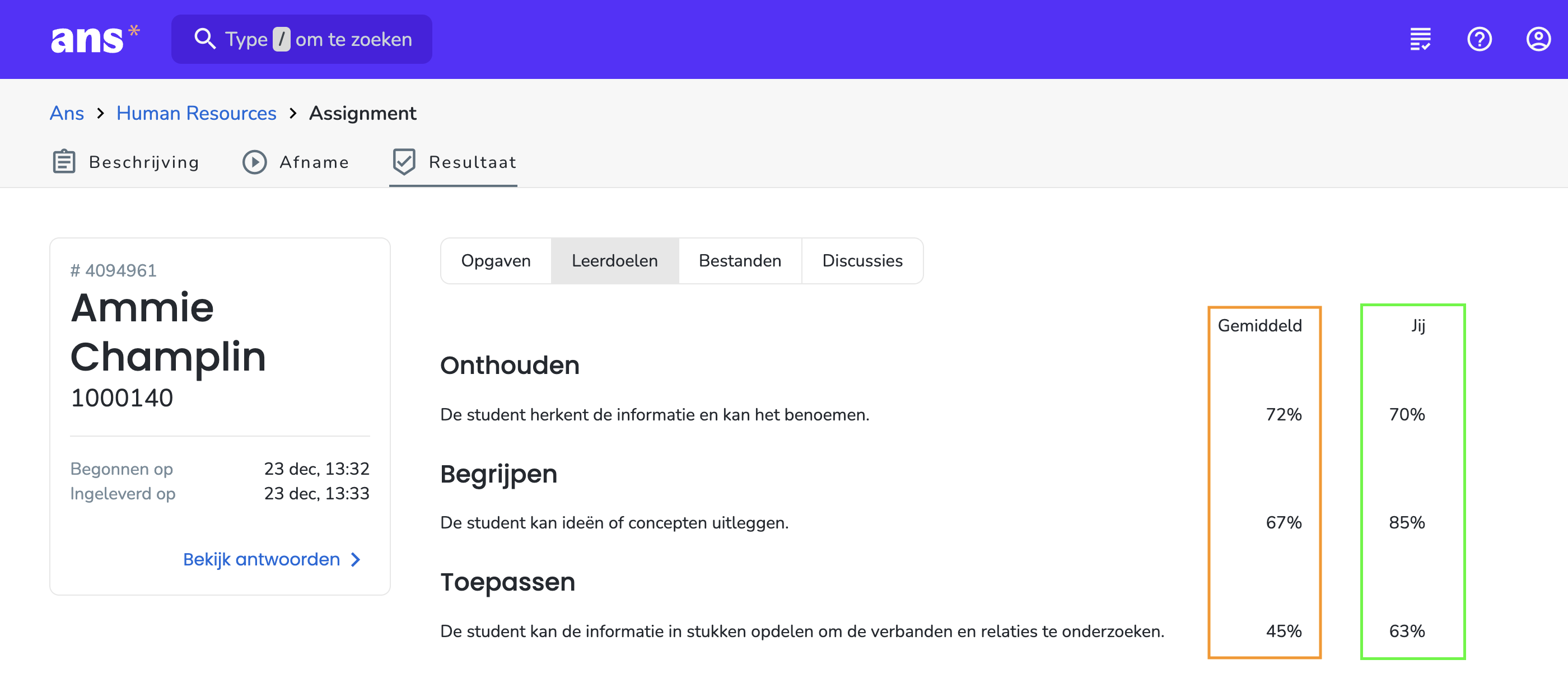 Score per leerdoel + vergelijking met gemiddelde