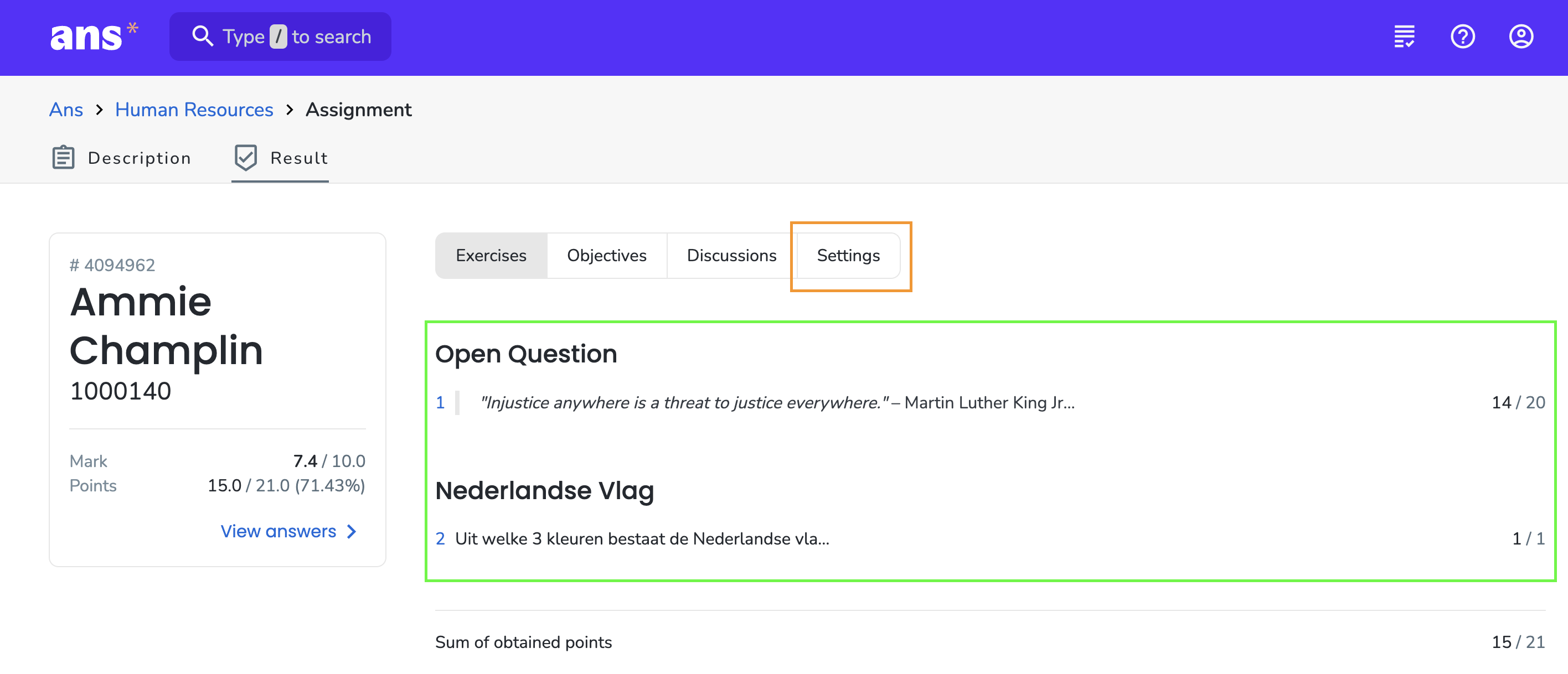 Question contents + Given answers + printable view of the published content