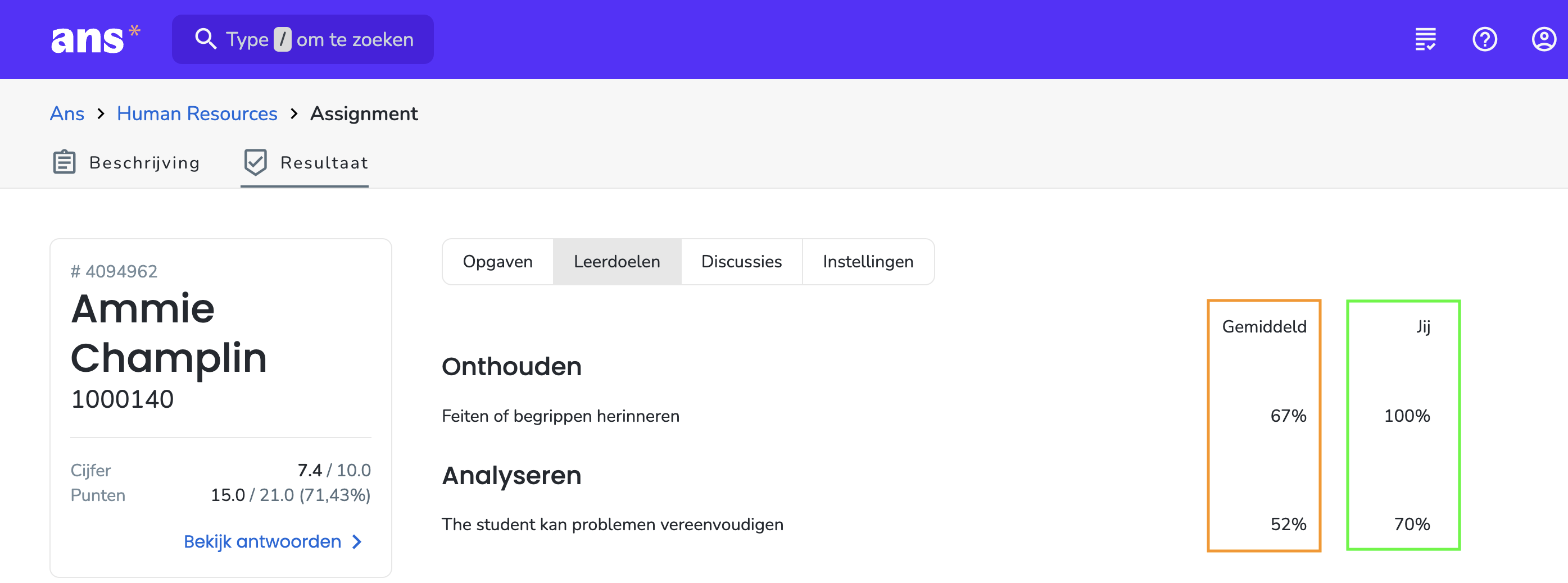 Score per leerdoel + Vergelijking met het gemiddelde