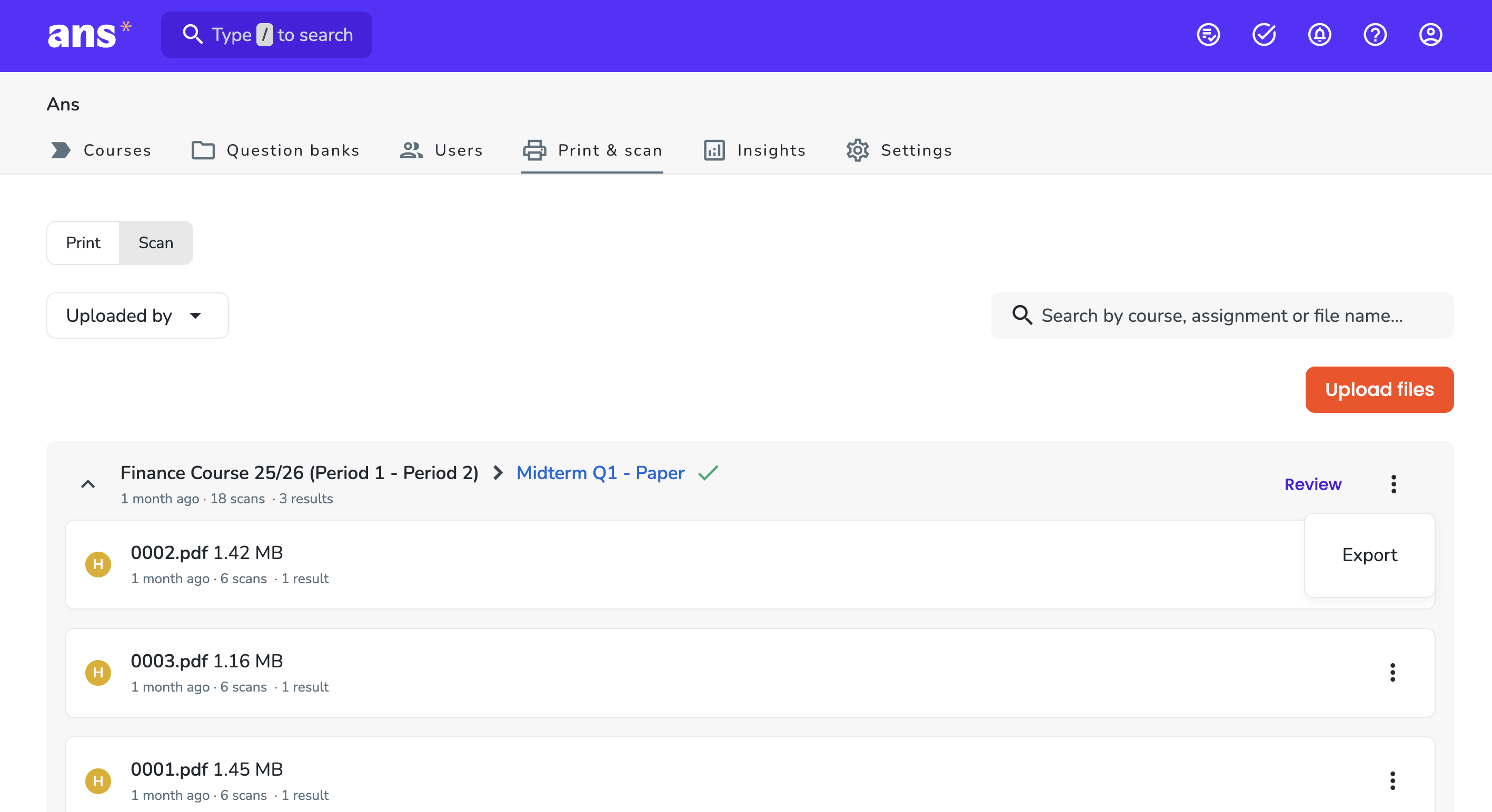 Assignment export scan page