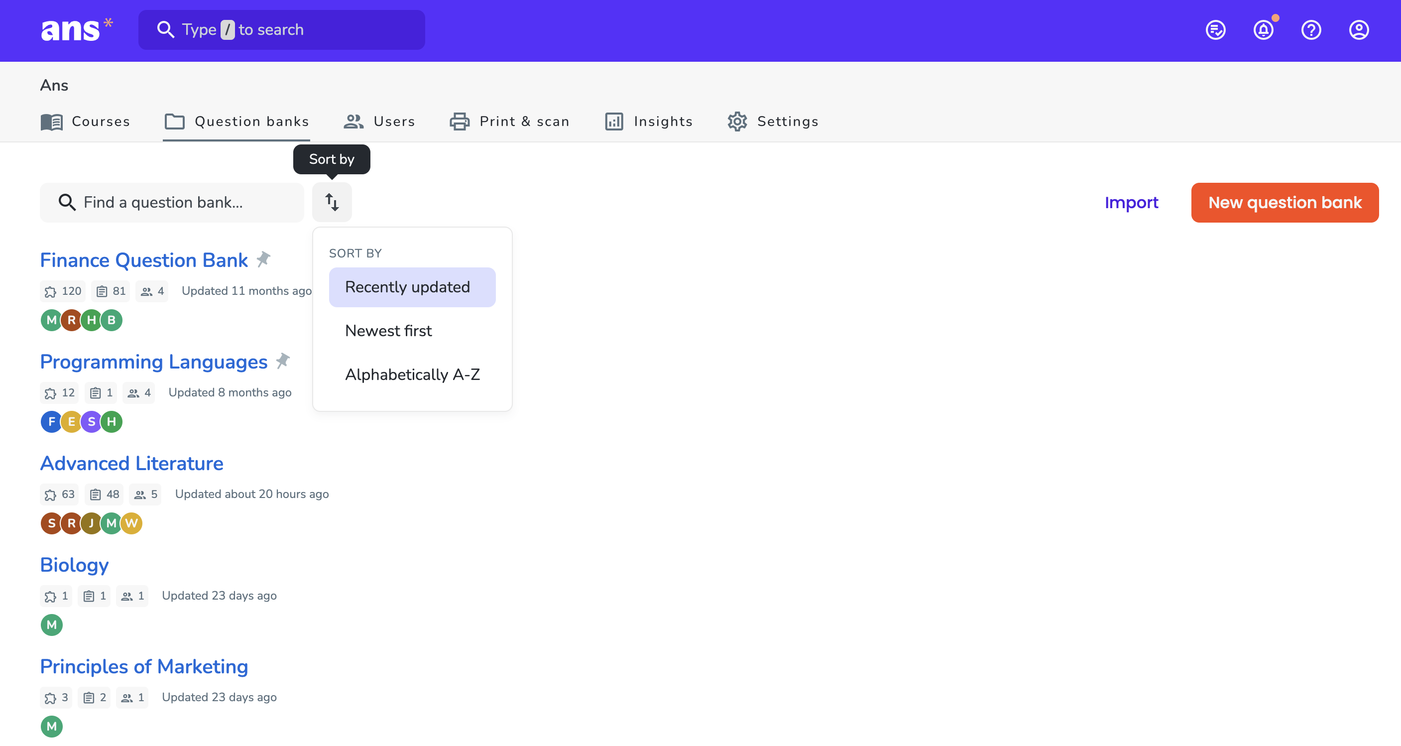 Sorting question banks
