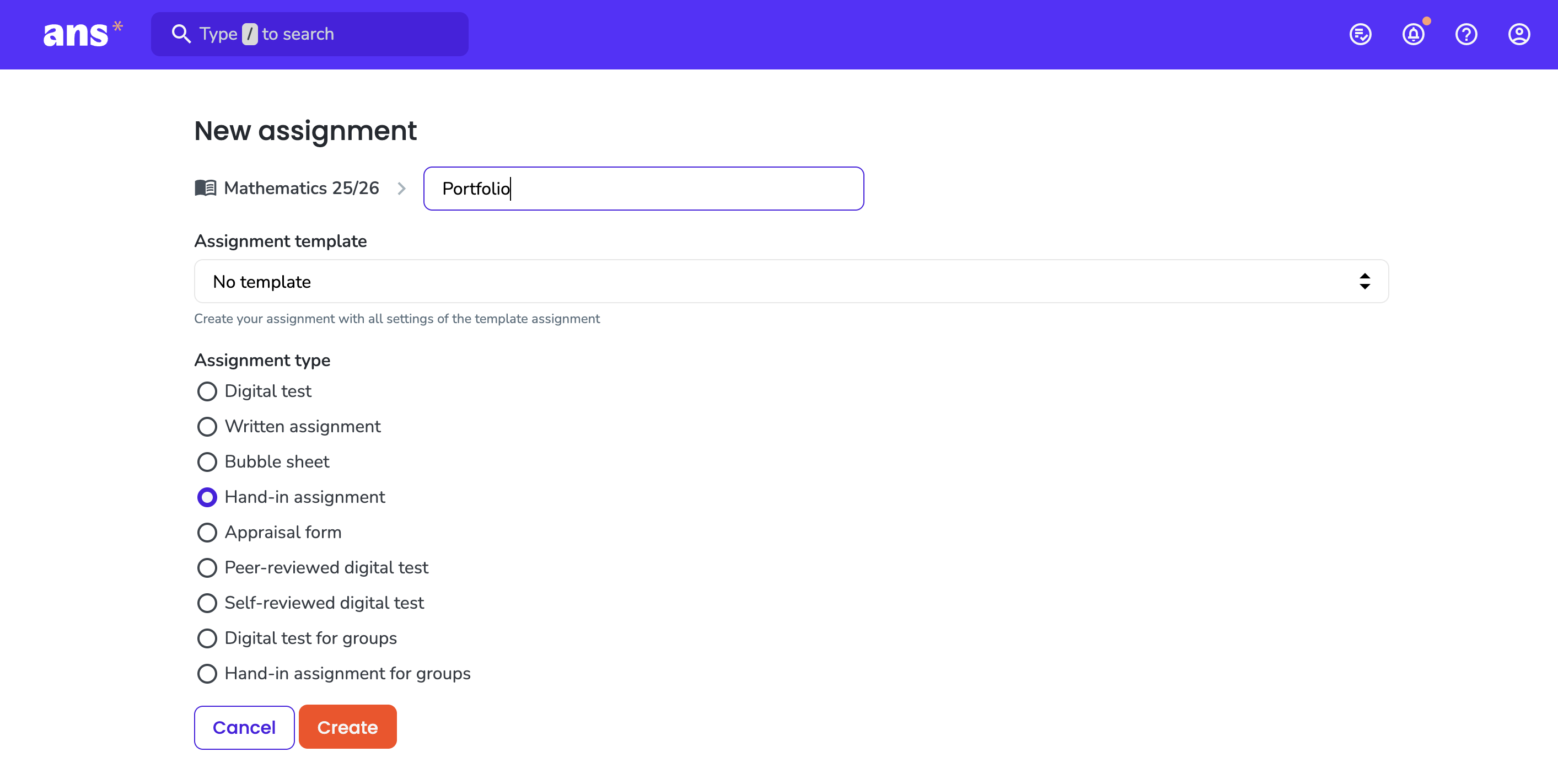 Create hand-in assignment