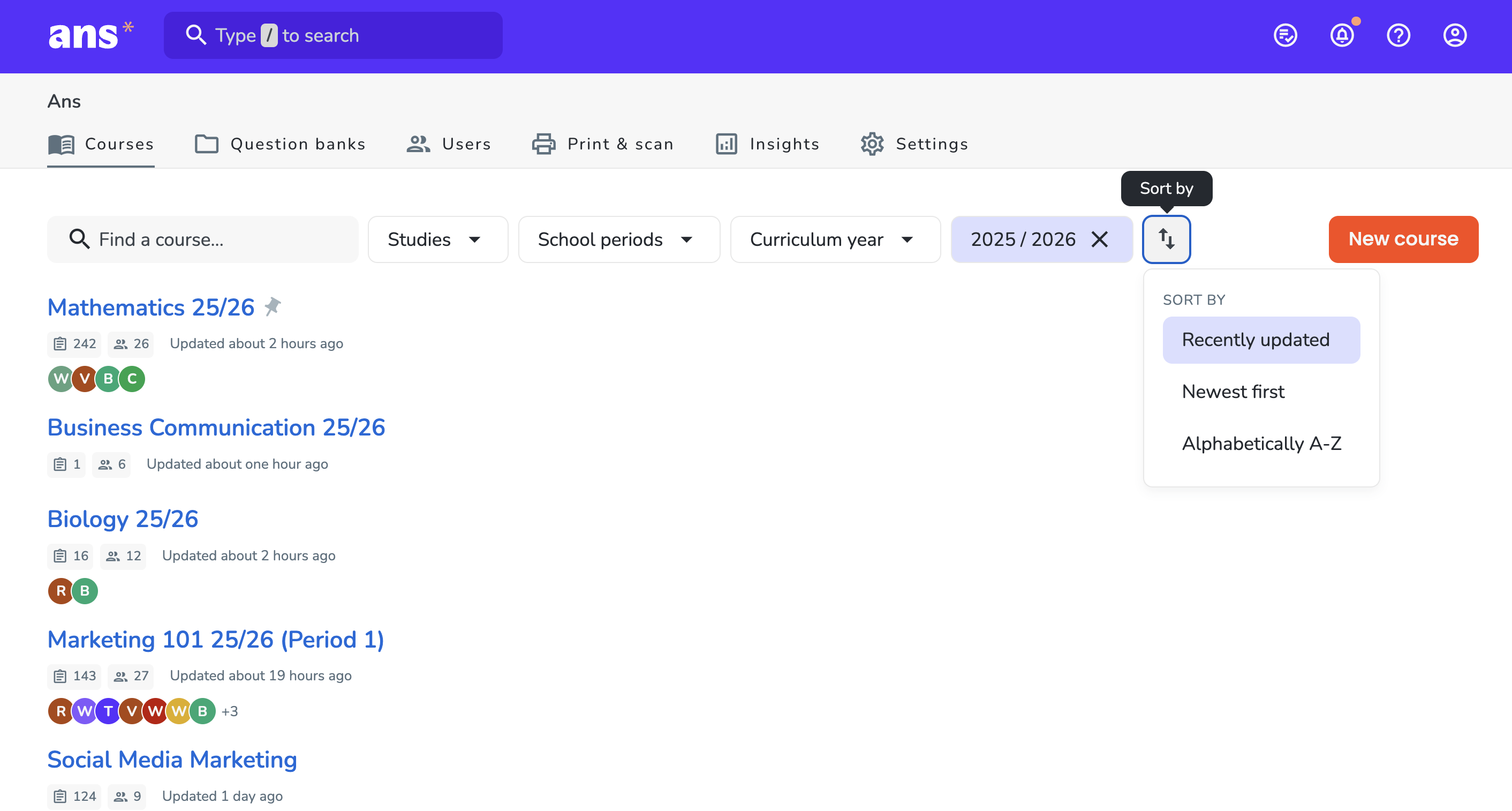 Sorting courses overview