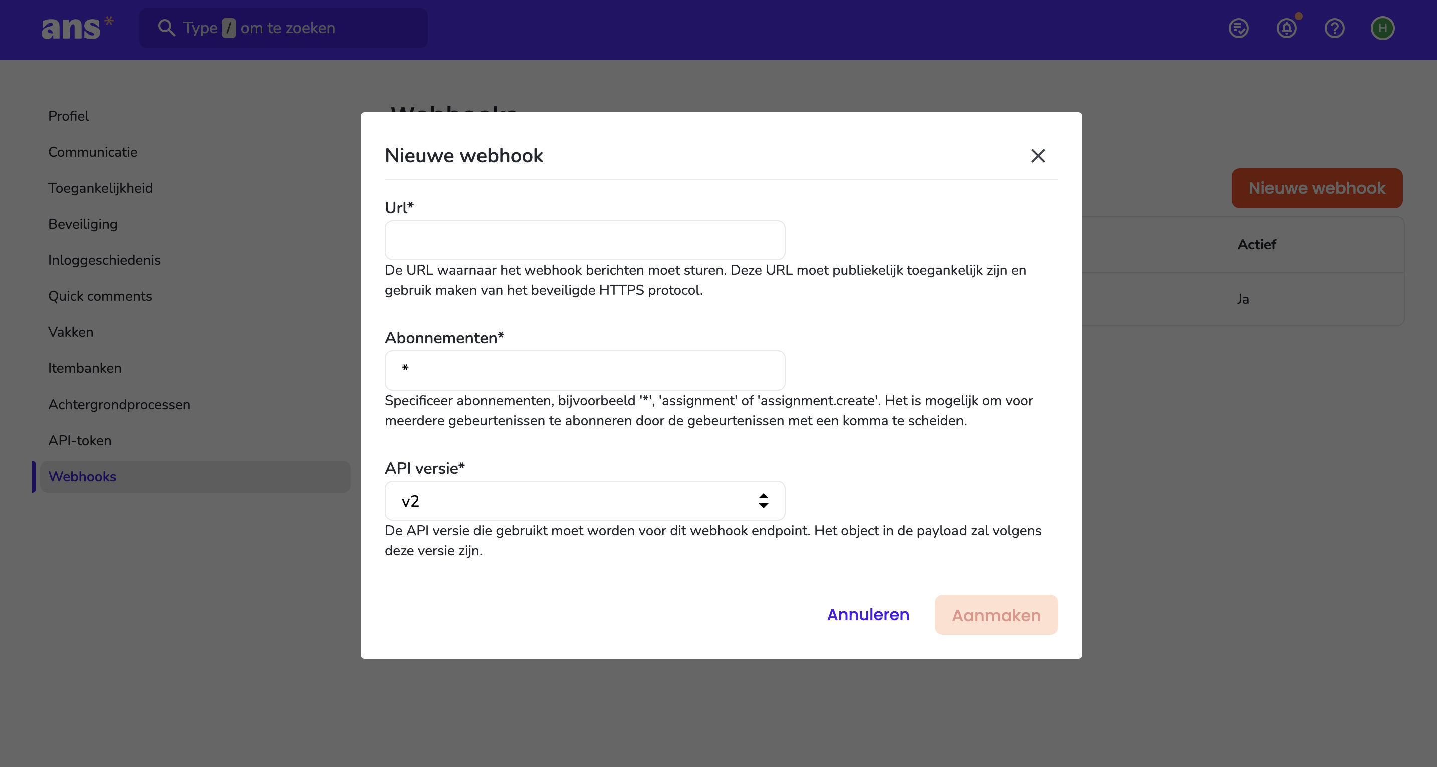 Nieuwe webhook aanmaken