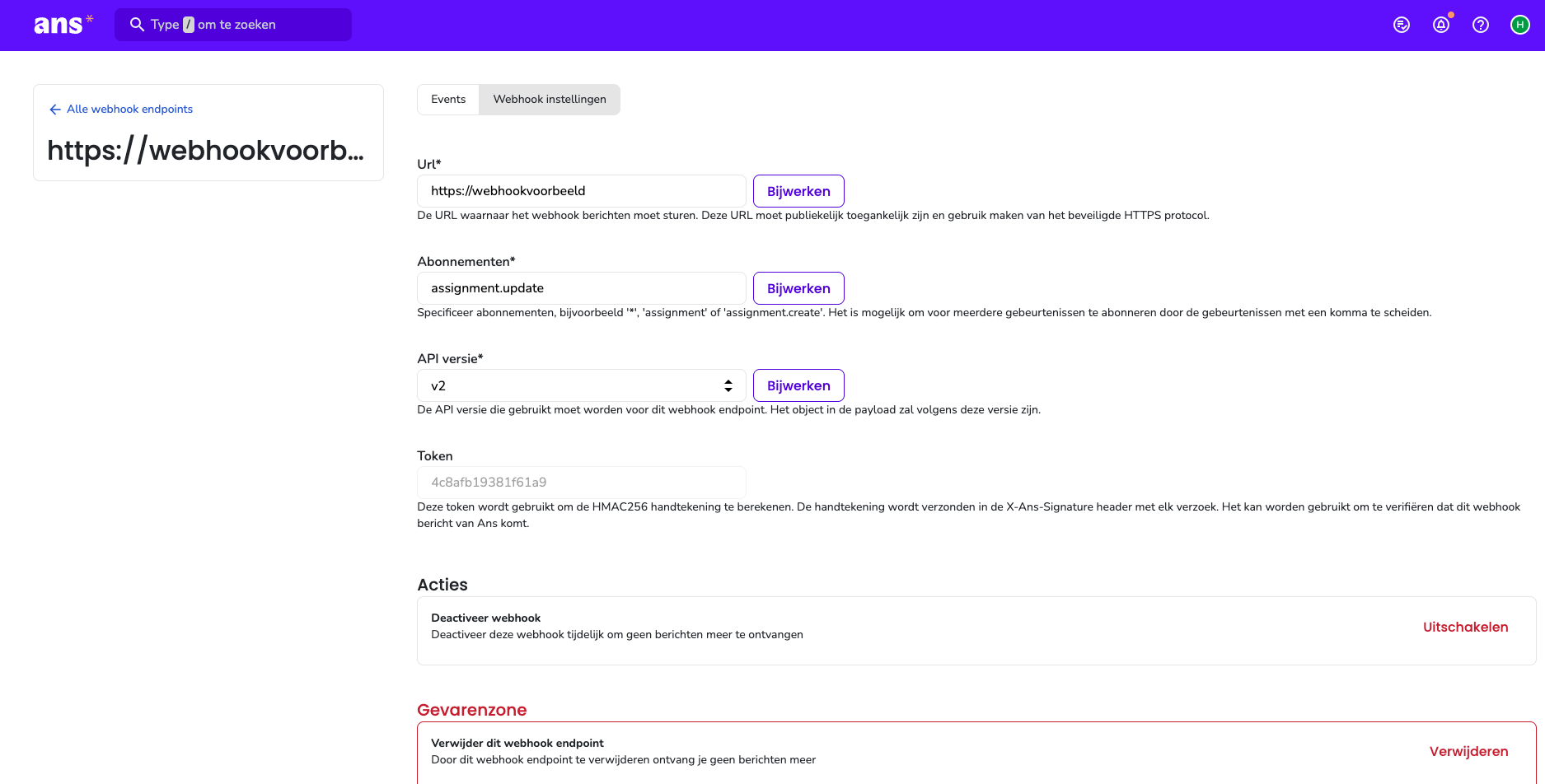 webhook instellingen