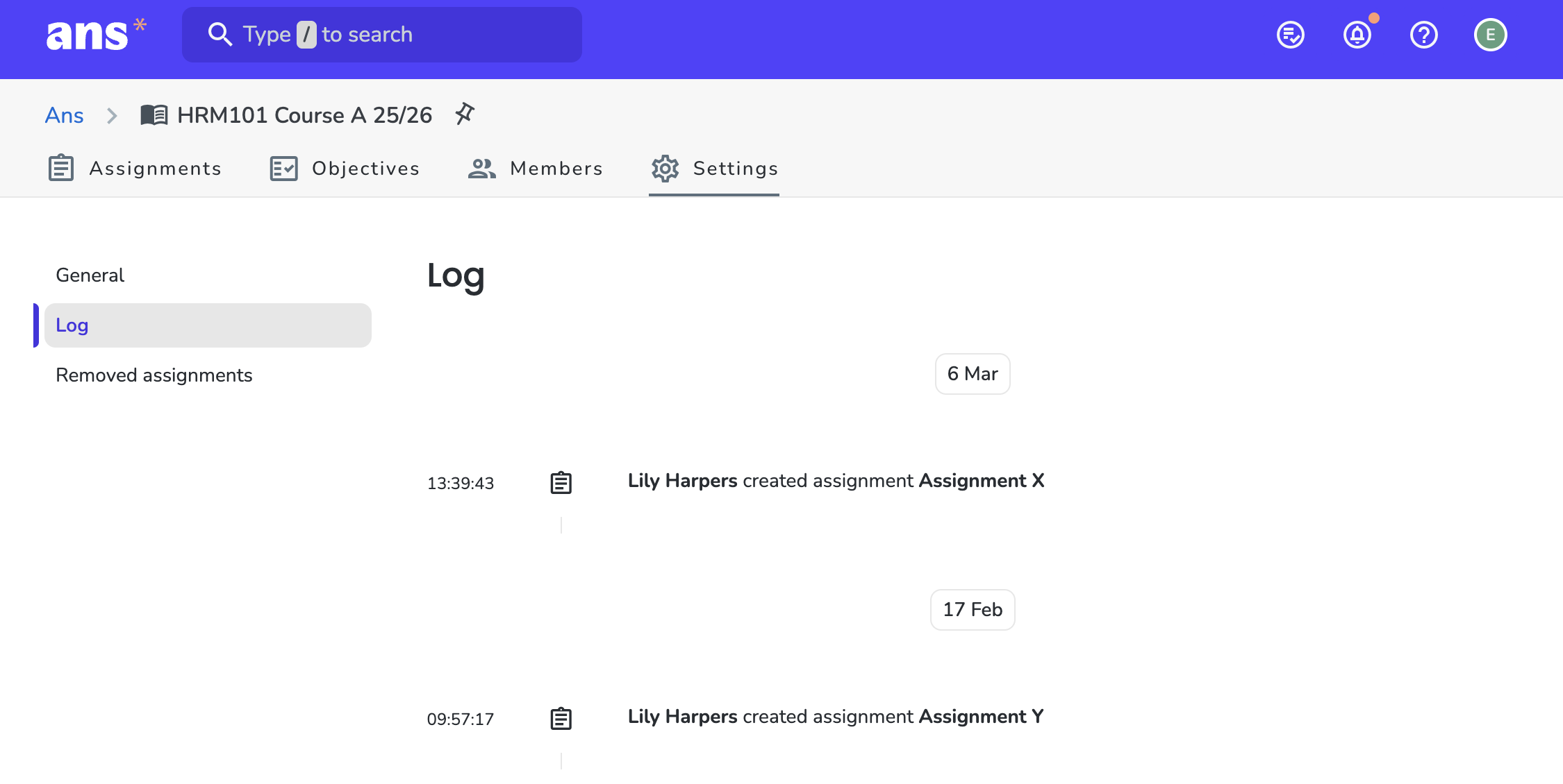 Course log – Ans