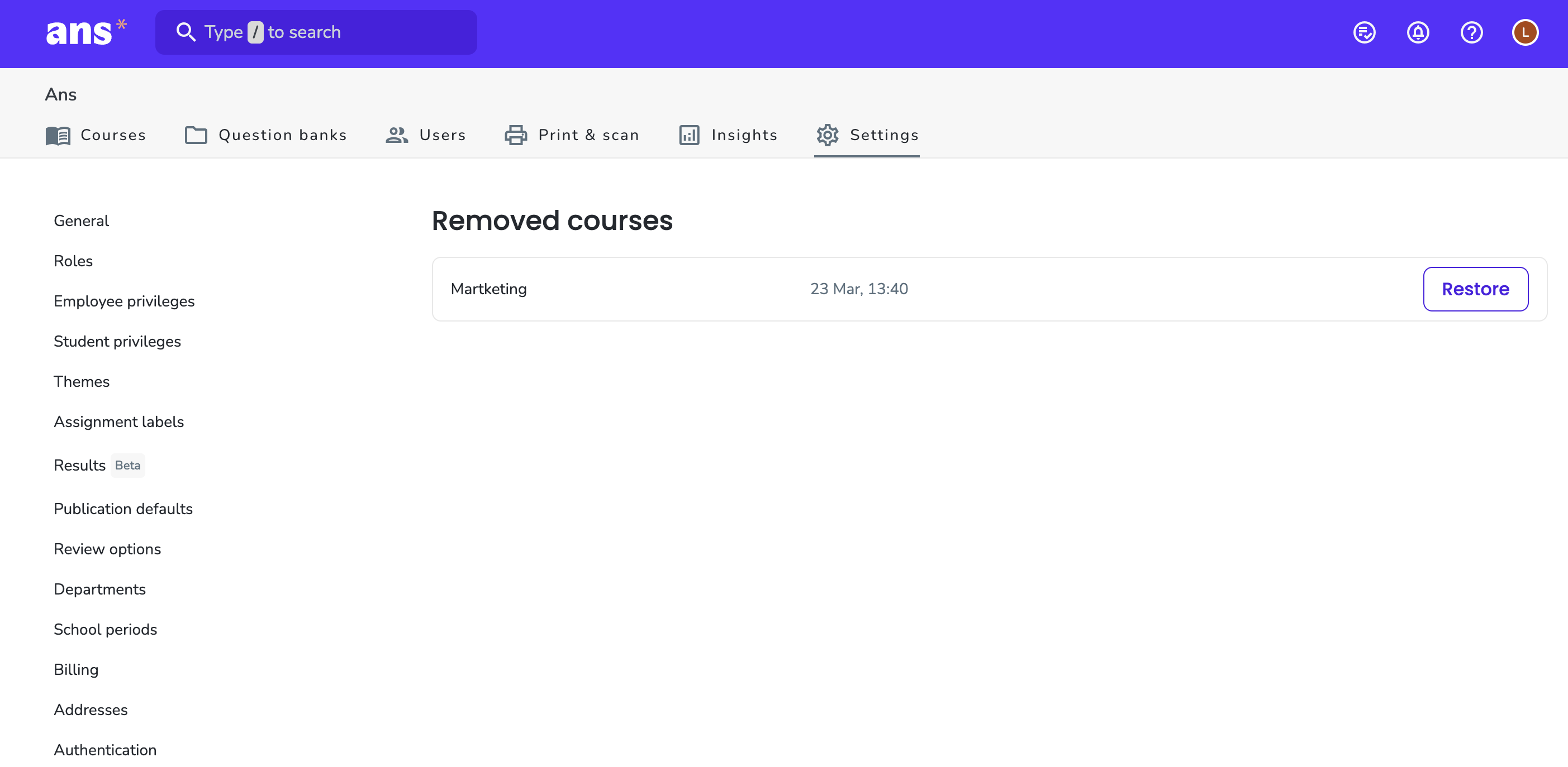 Removed courses school settings