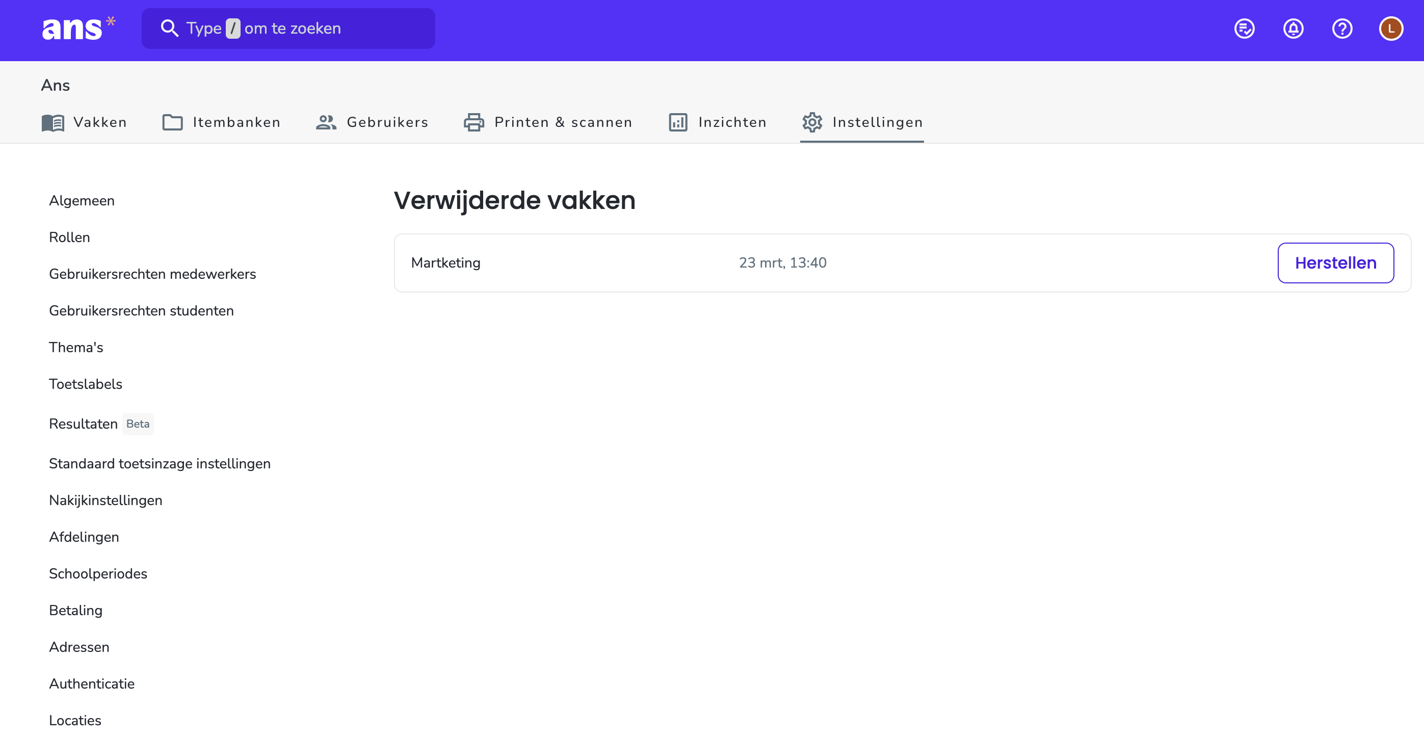 Verwijderde vakken schoolinstellingen