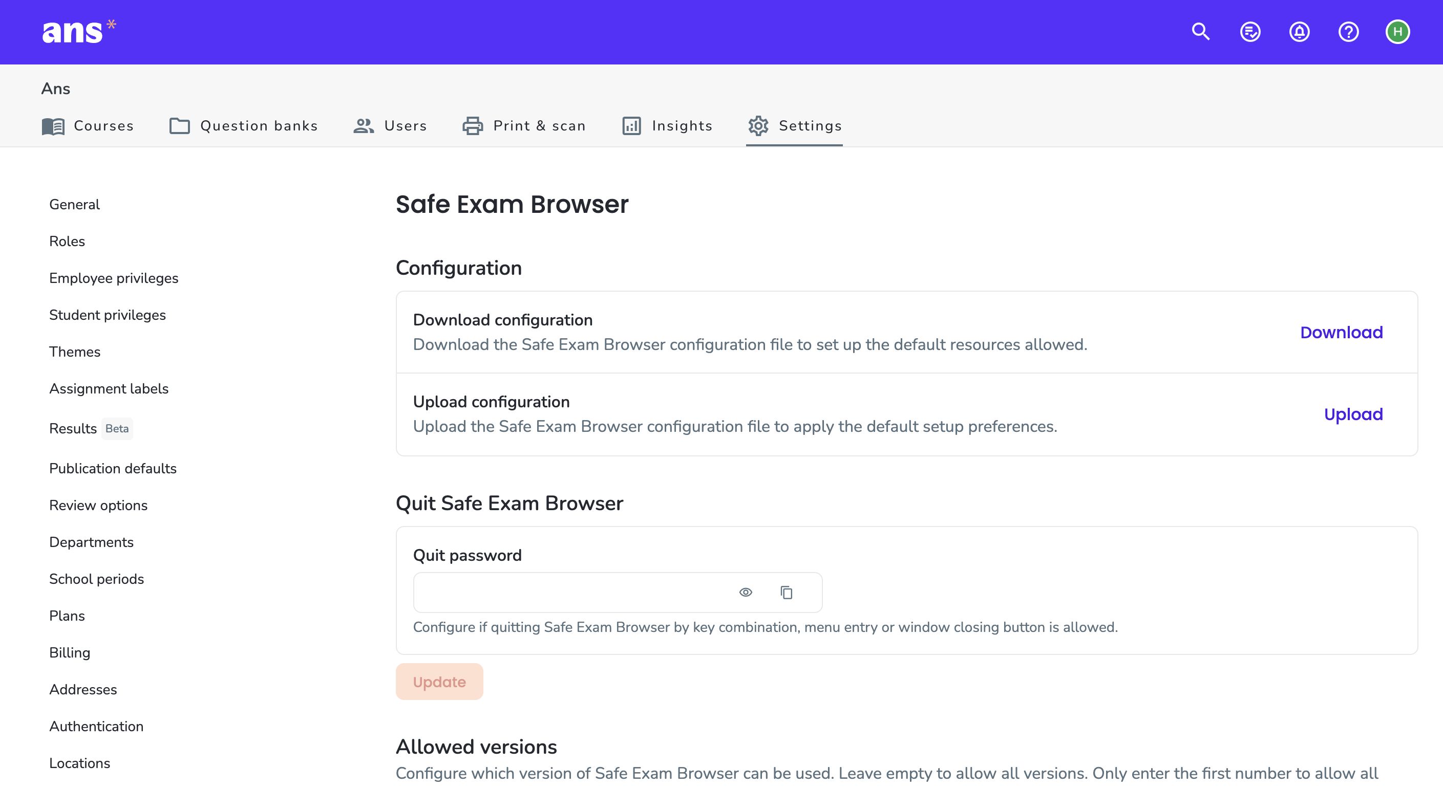 Safe Exam Browser integration