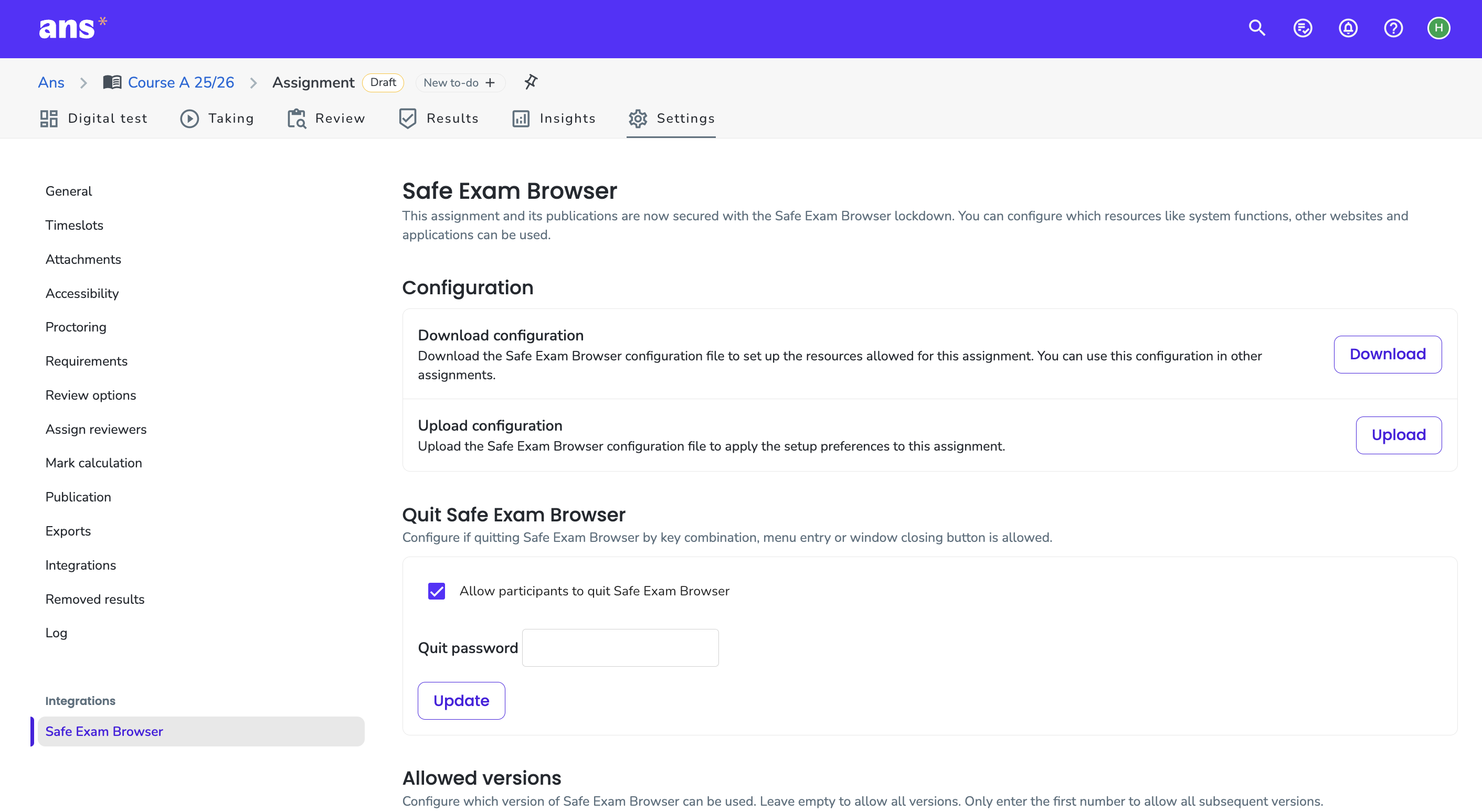 Safe Exam Browser integration in Ans