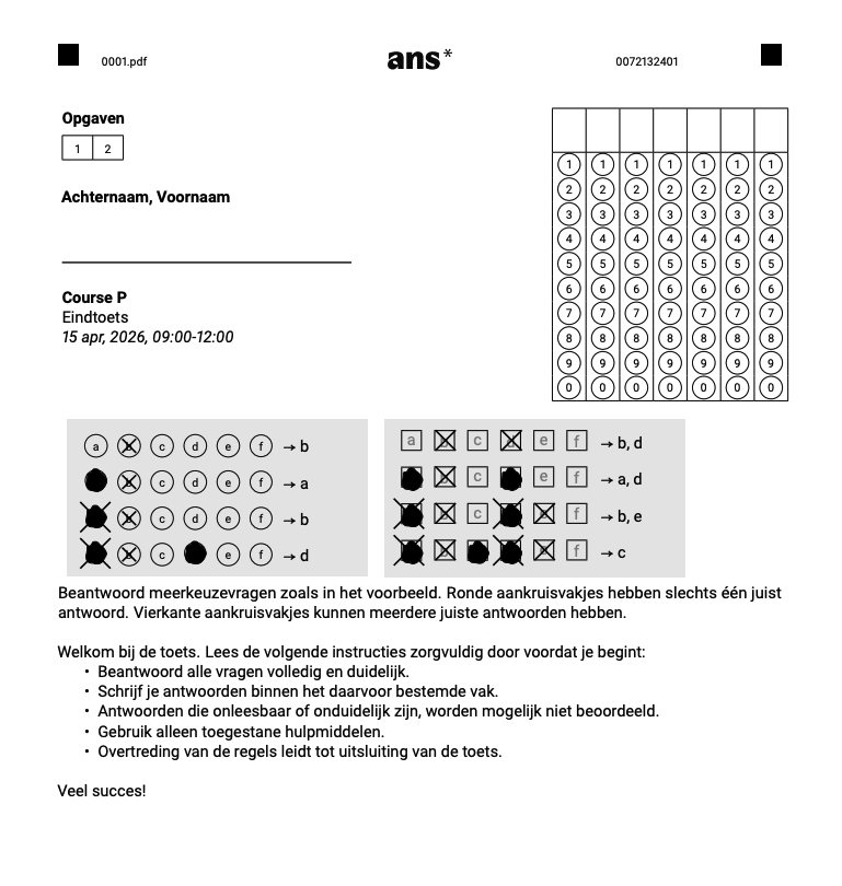 Voorblad papieren toets
