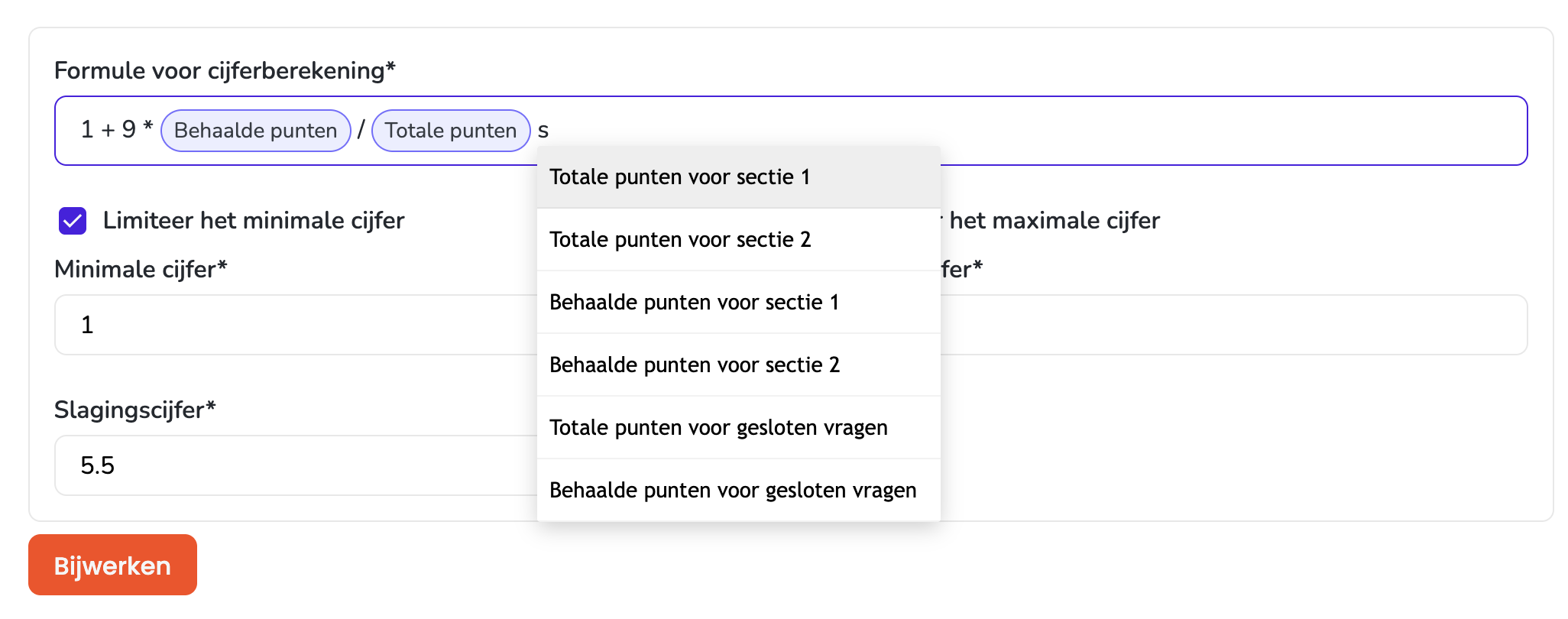 Secties cijferberekeningvariabelen