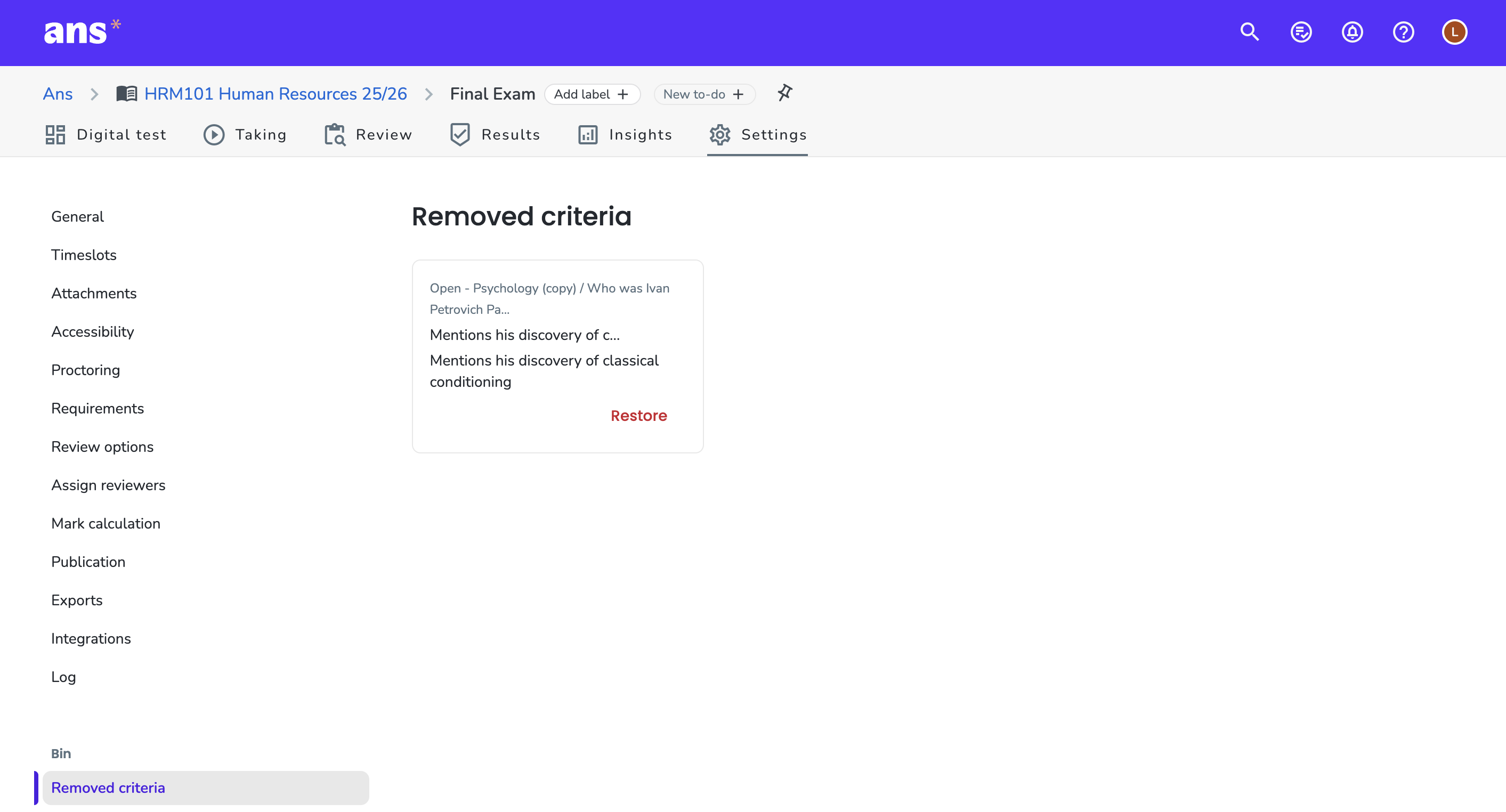 Removed criteria