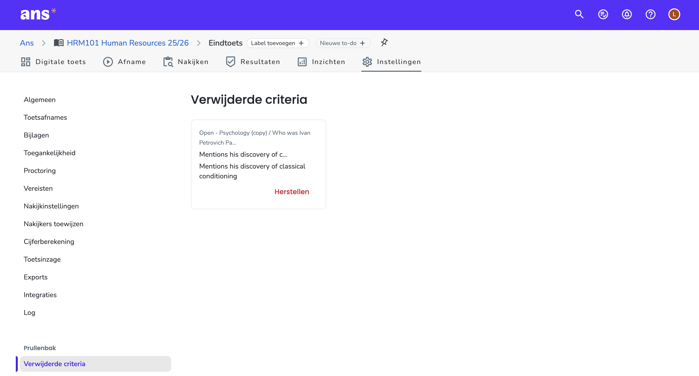 Verwijderde criteria herstellen