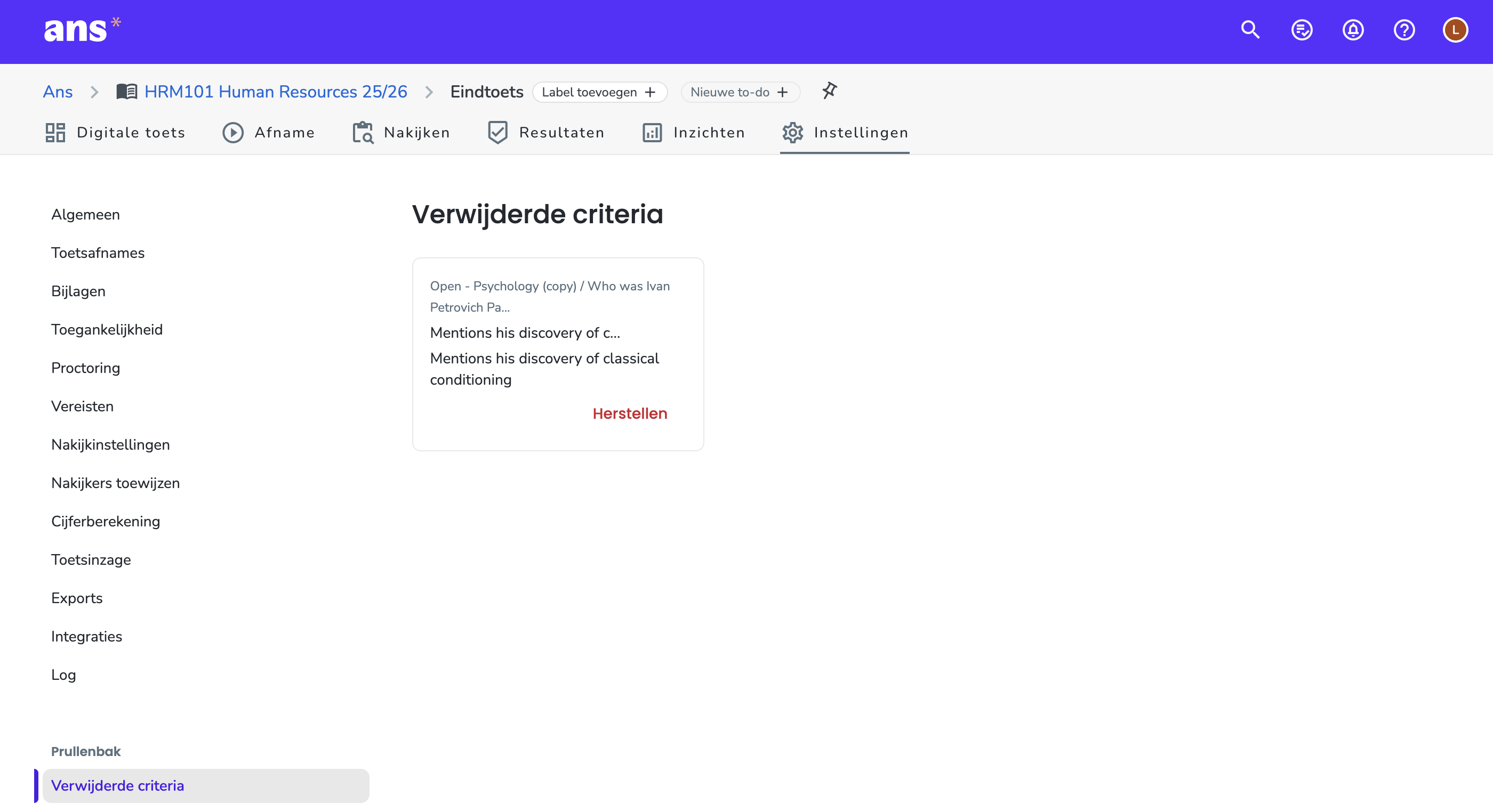 Verwijderde criteria