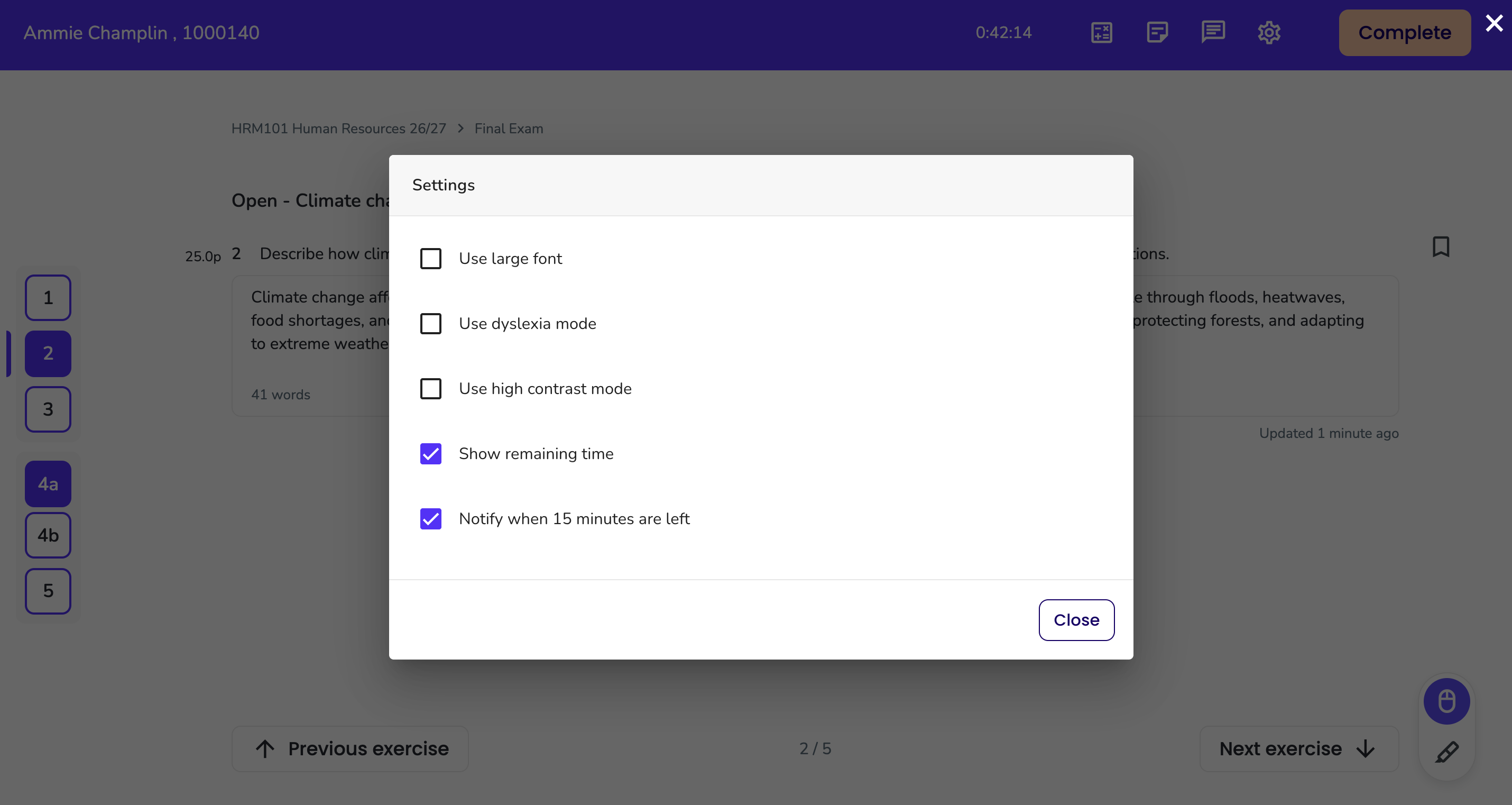 Test settings