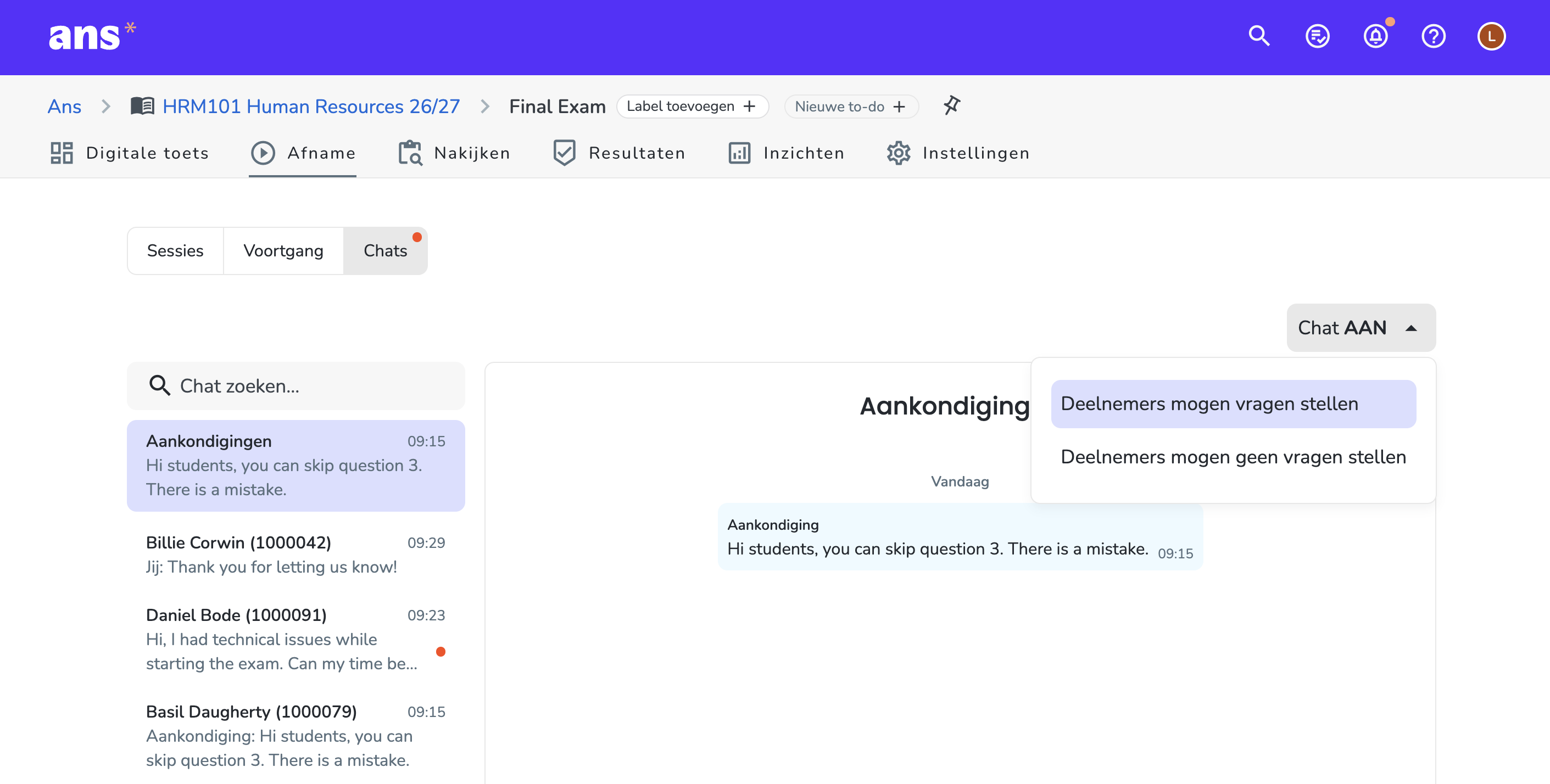 Chat aan of uitzetten