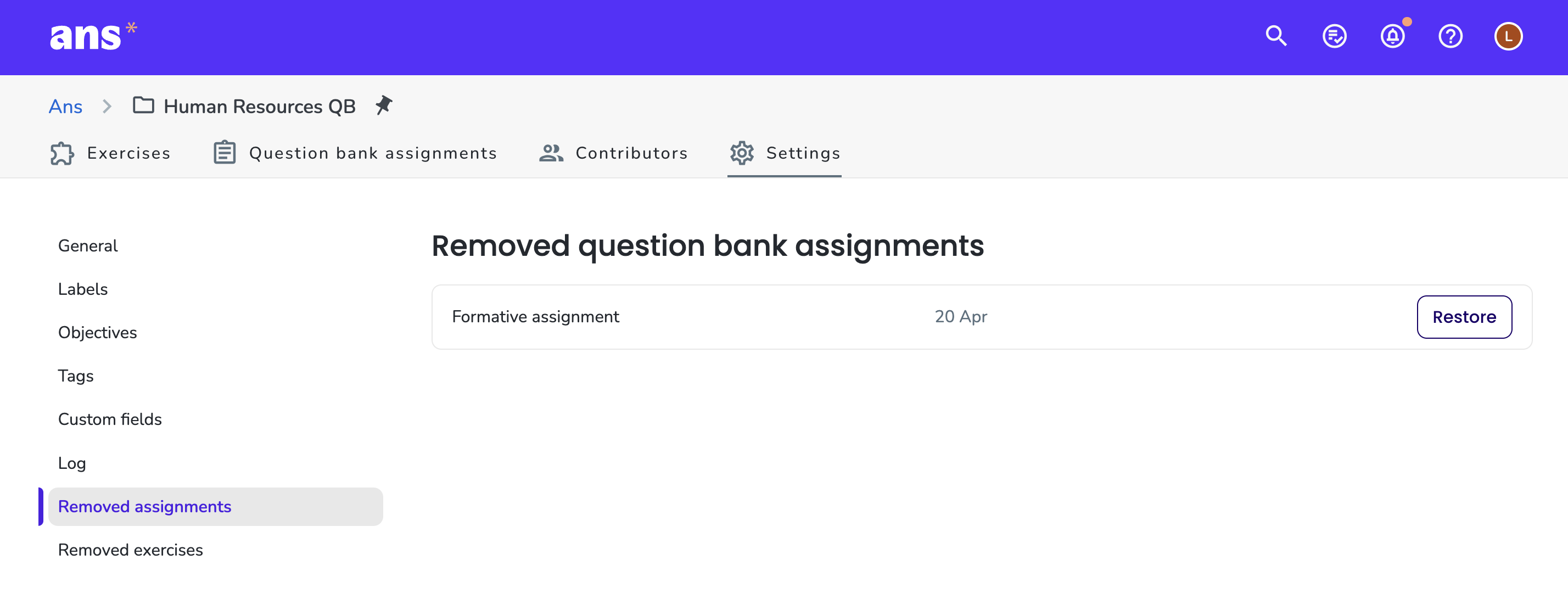 Removed question bank assignments