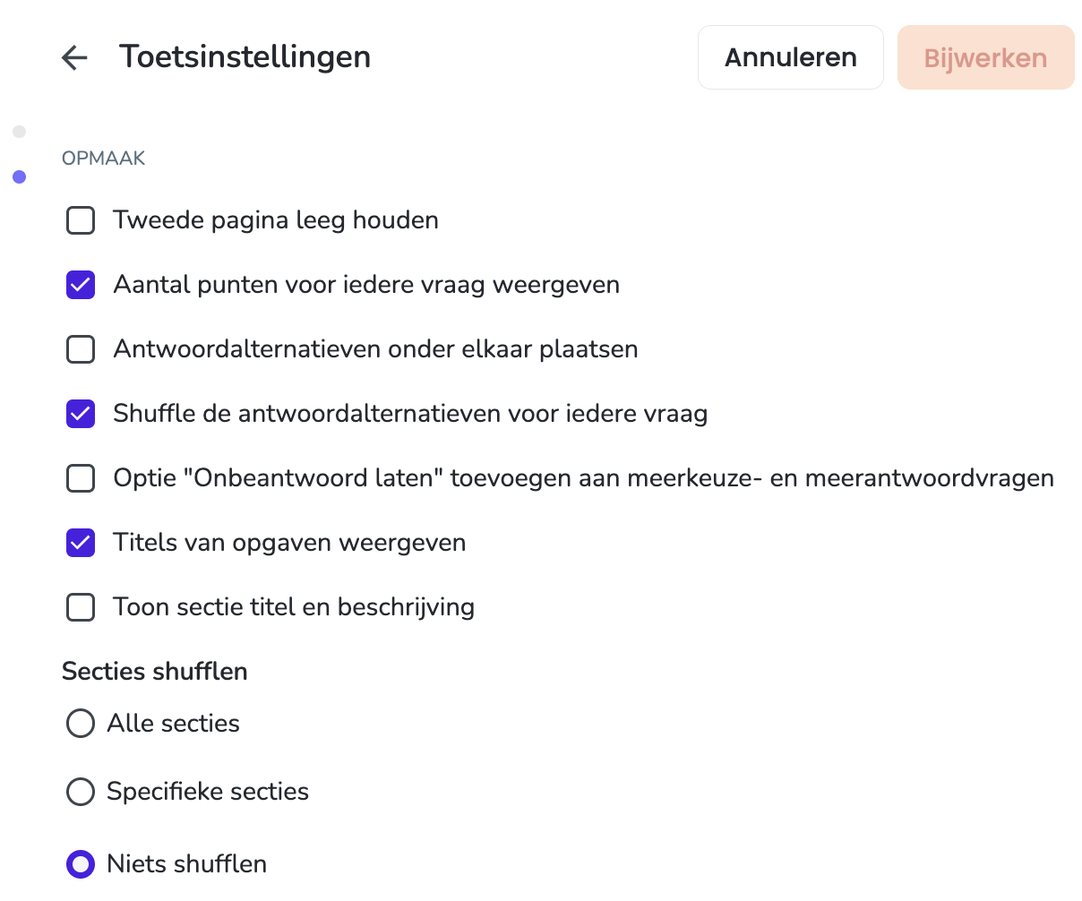 Toetsinstellingen secties shufflen