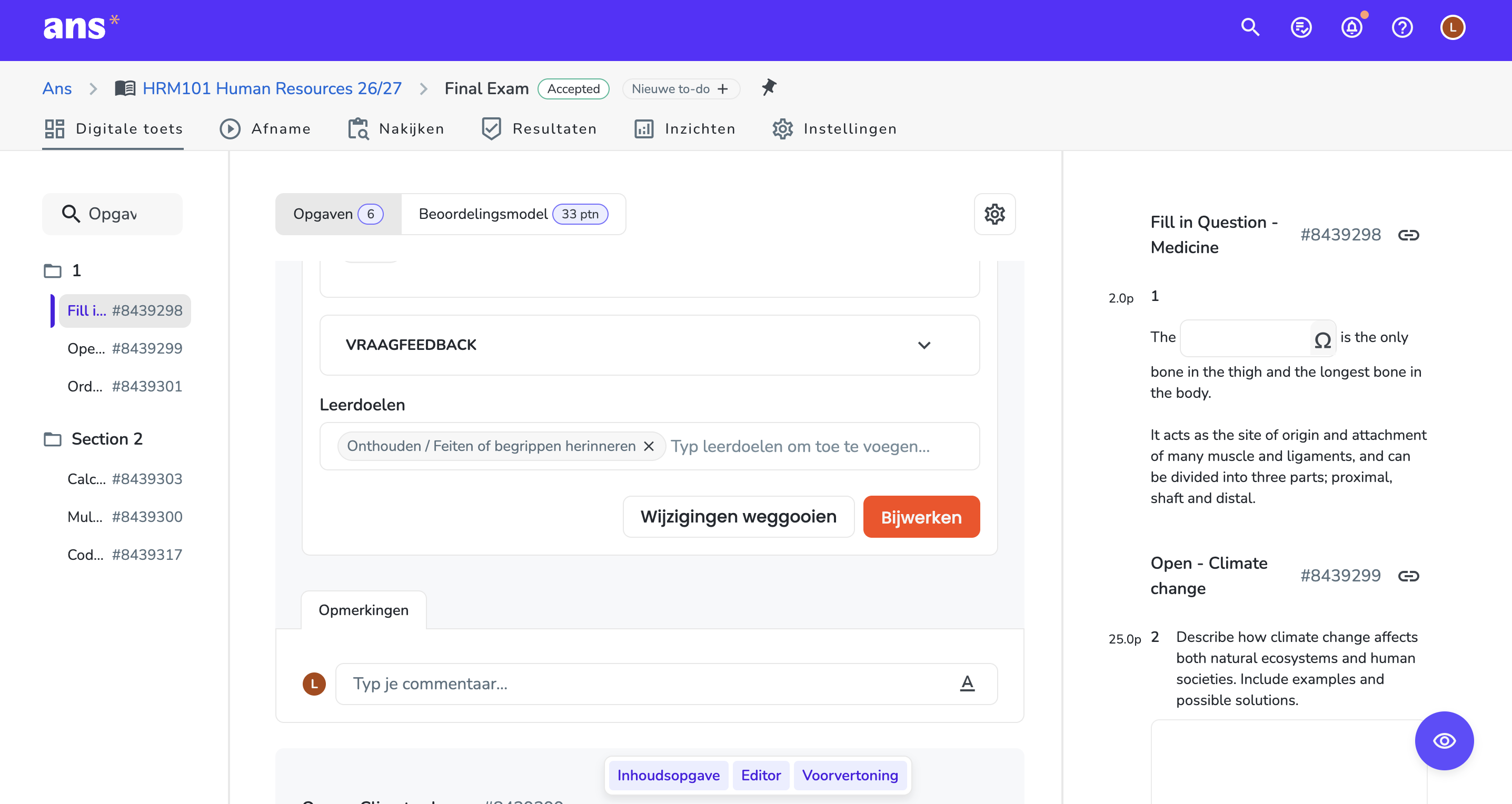 Leerdoel toevoegen vraag in vaktoets