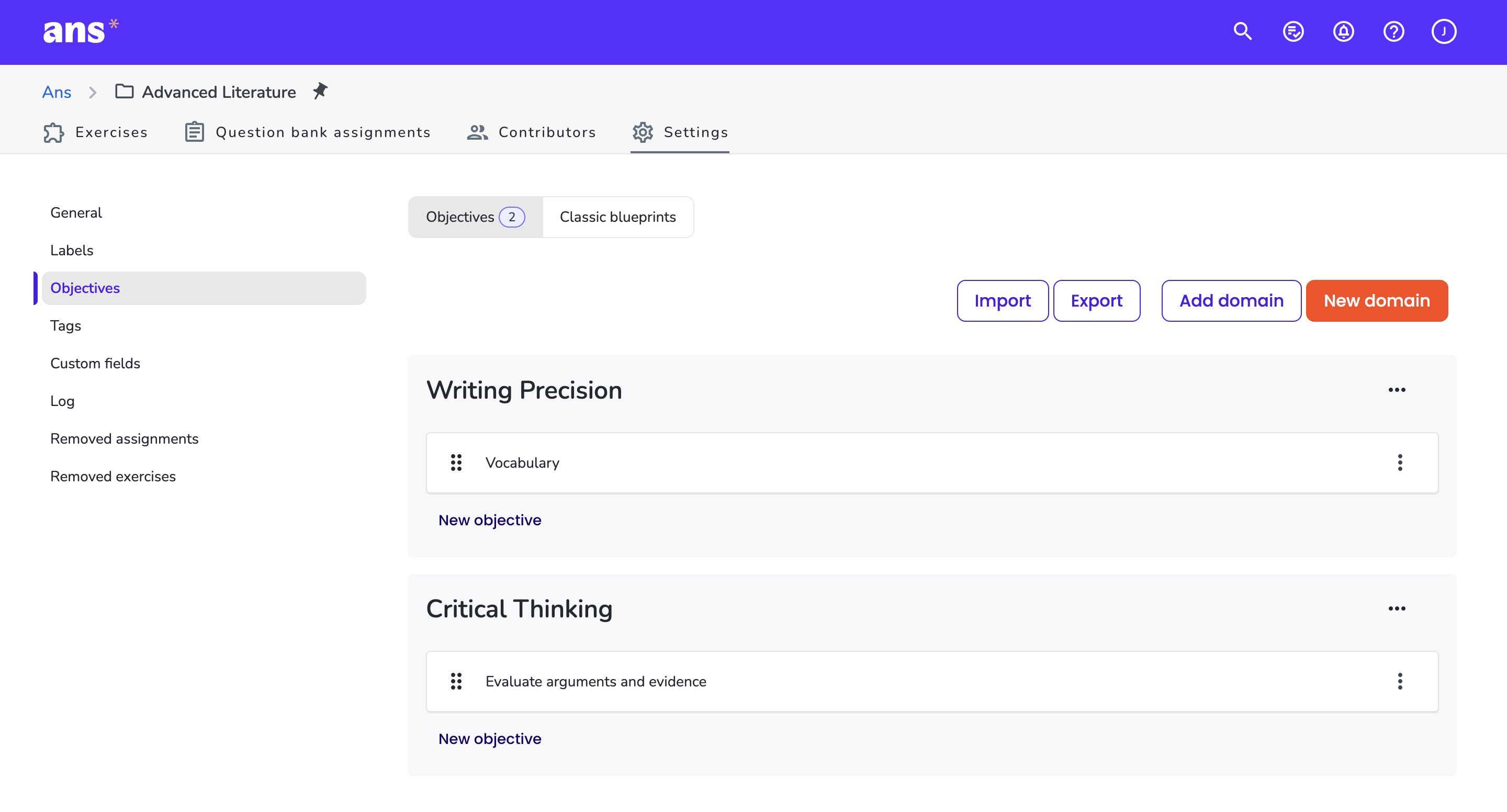 Manage domains and learning objectives