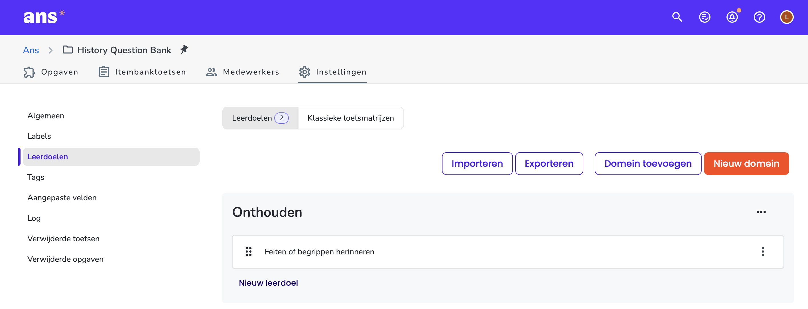 Beheer domeinen en leerdoelen