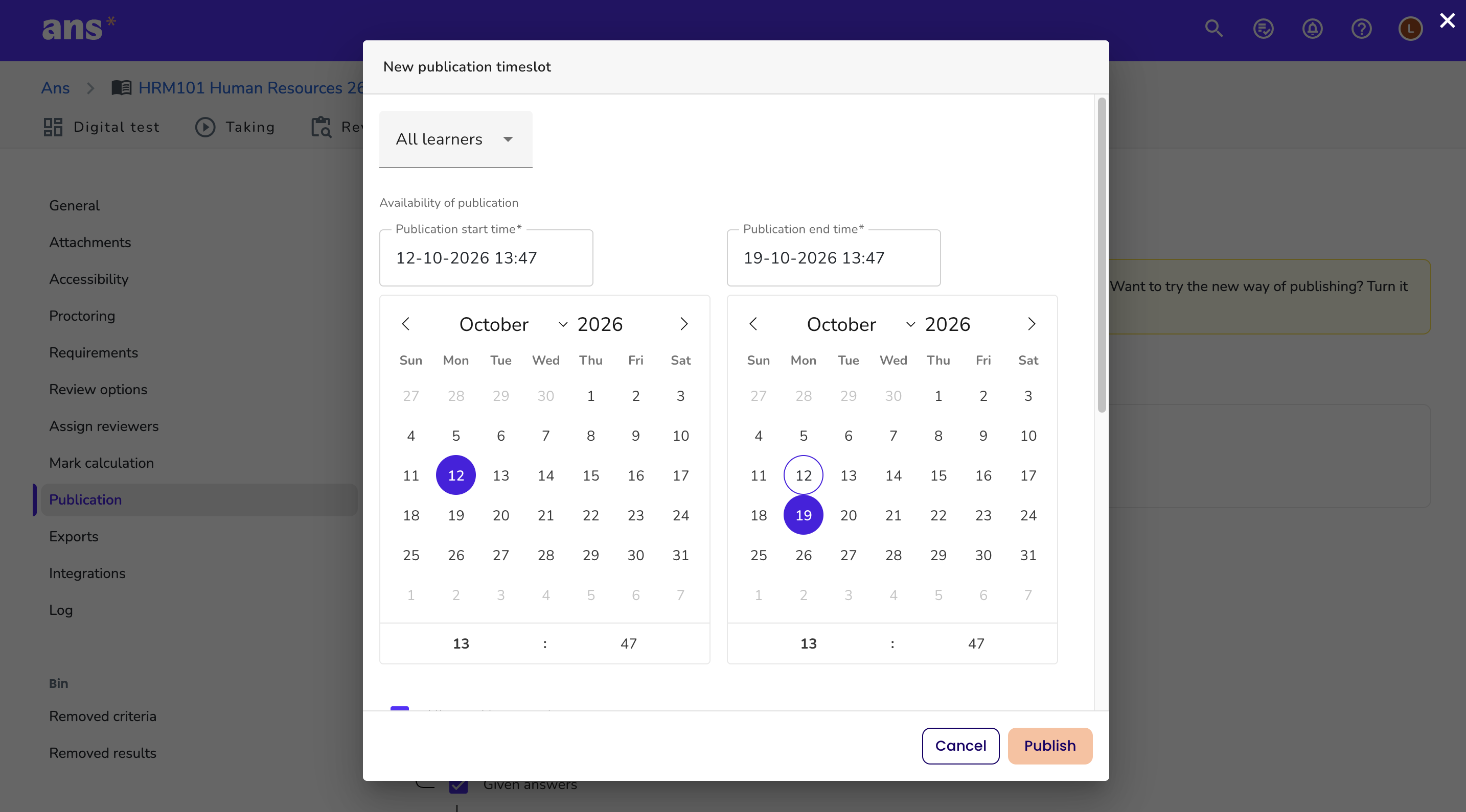 Publish results via the assignment settings
