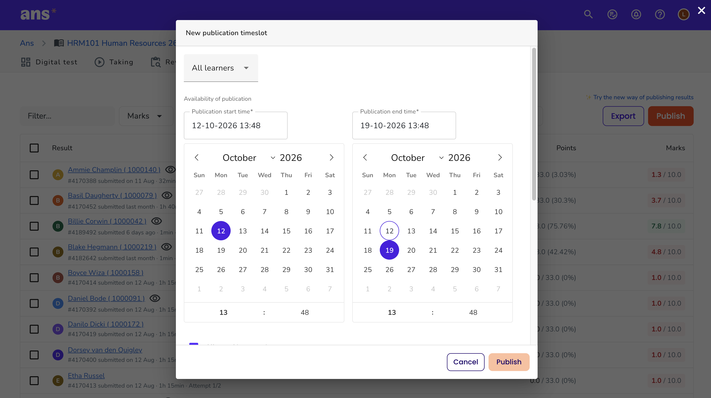Publish results via the results overview
