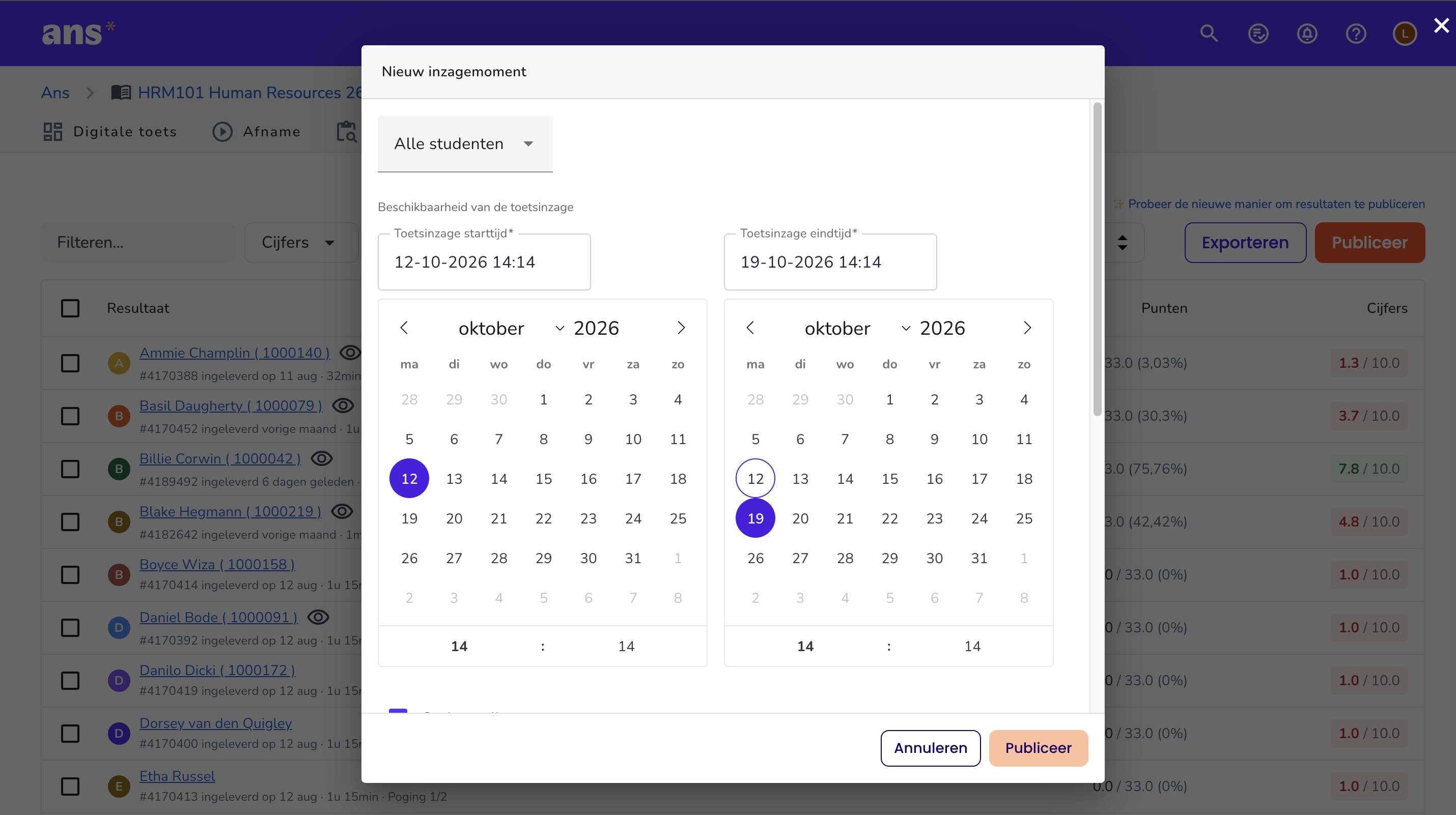 Resultaten publiceren via het resultatenoverzicht