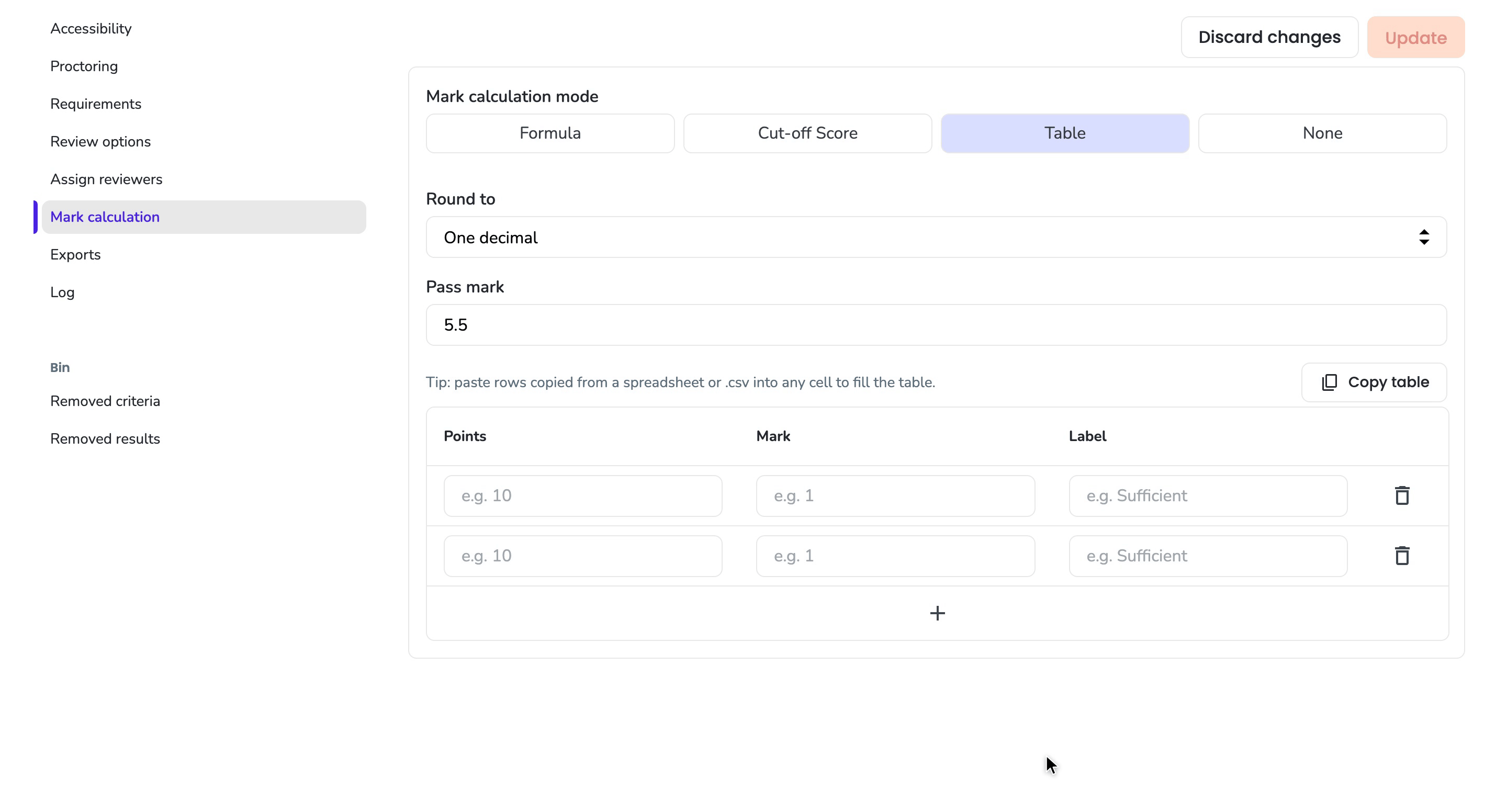 Options for adding, deleting, and copying rows in a mark calculation table