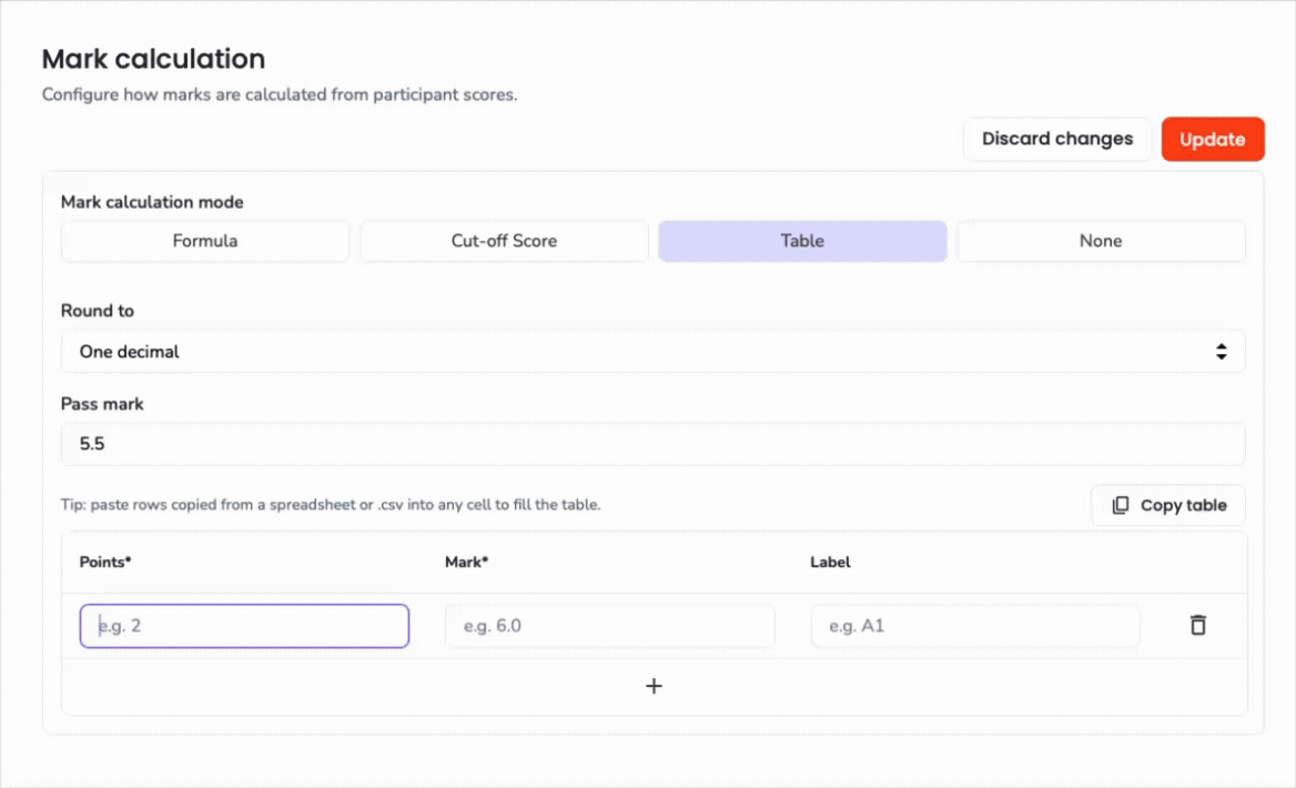 Error message indicating that a mark calculation table requires at least two rows