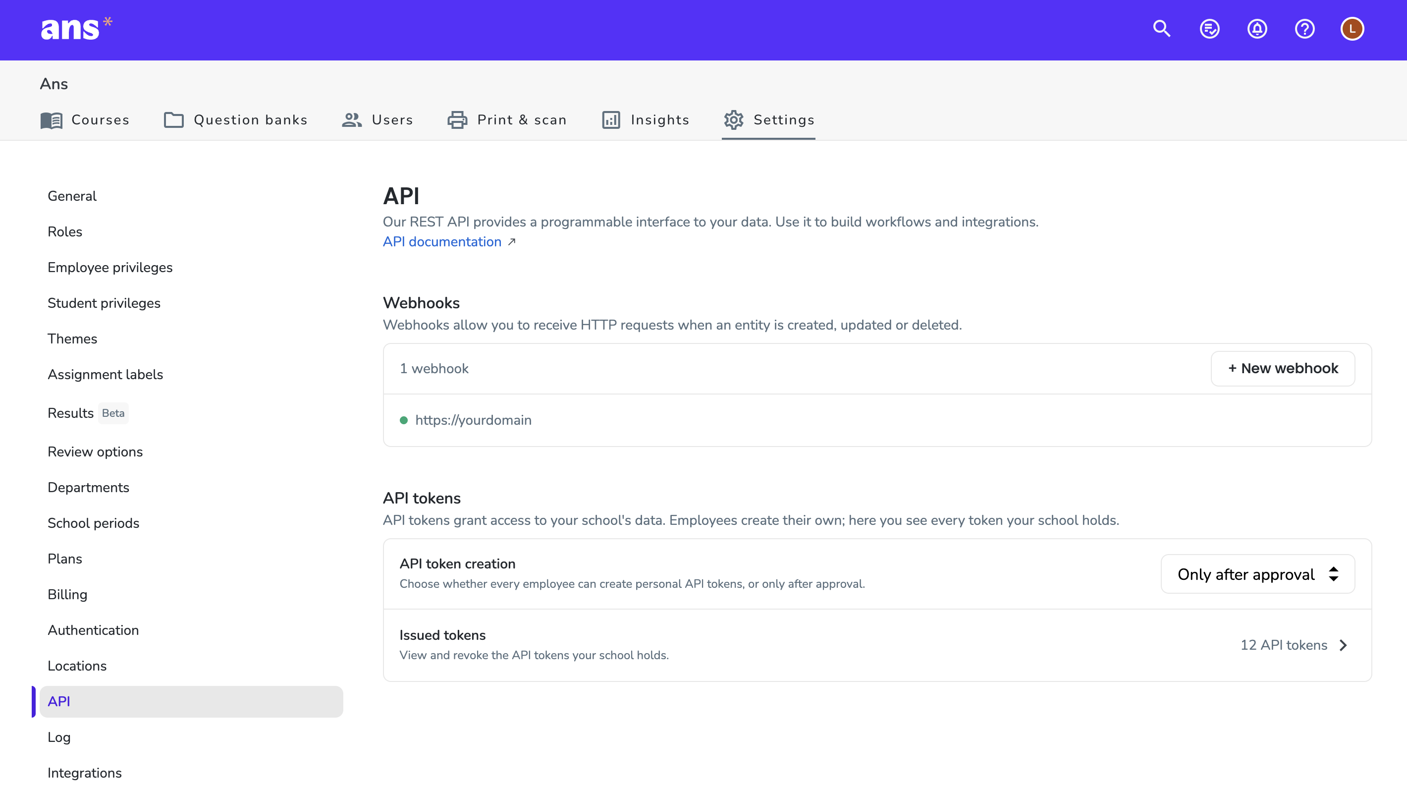 API token and webhooks